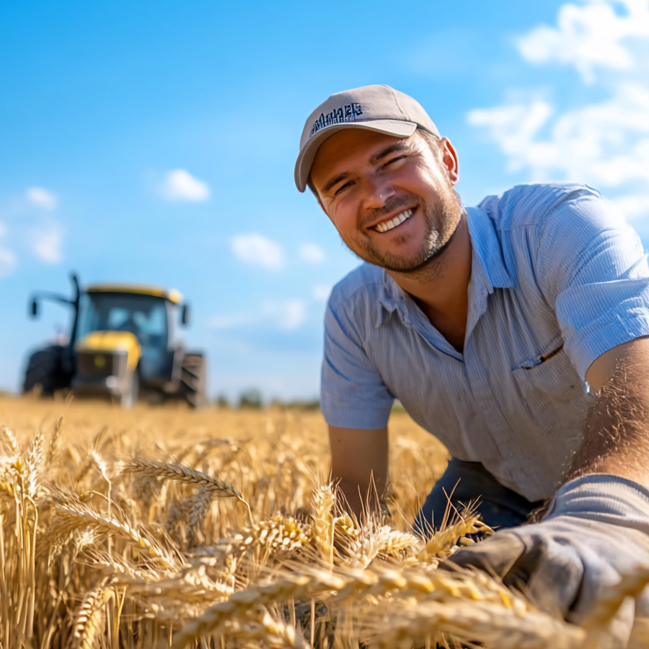 A Farmer Smiles While Inspecting Wheat In A Field, With A Tractor In The Background.