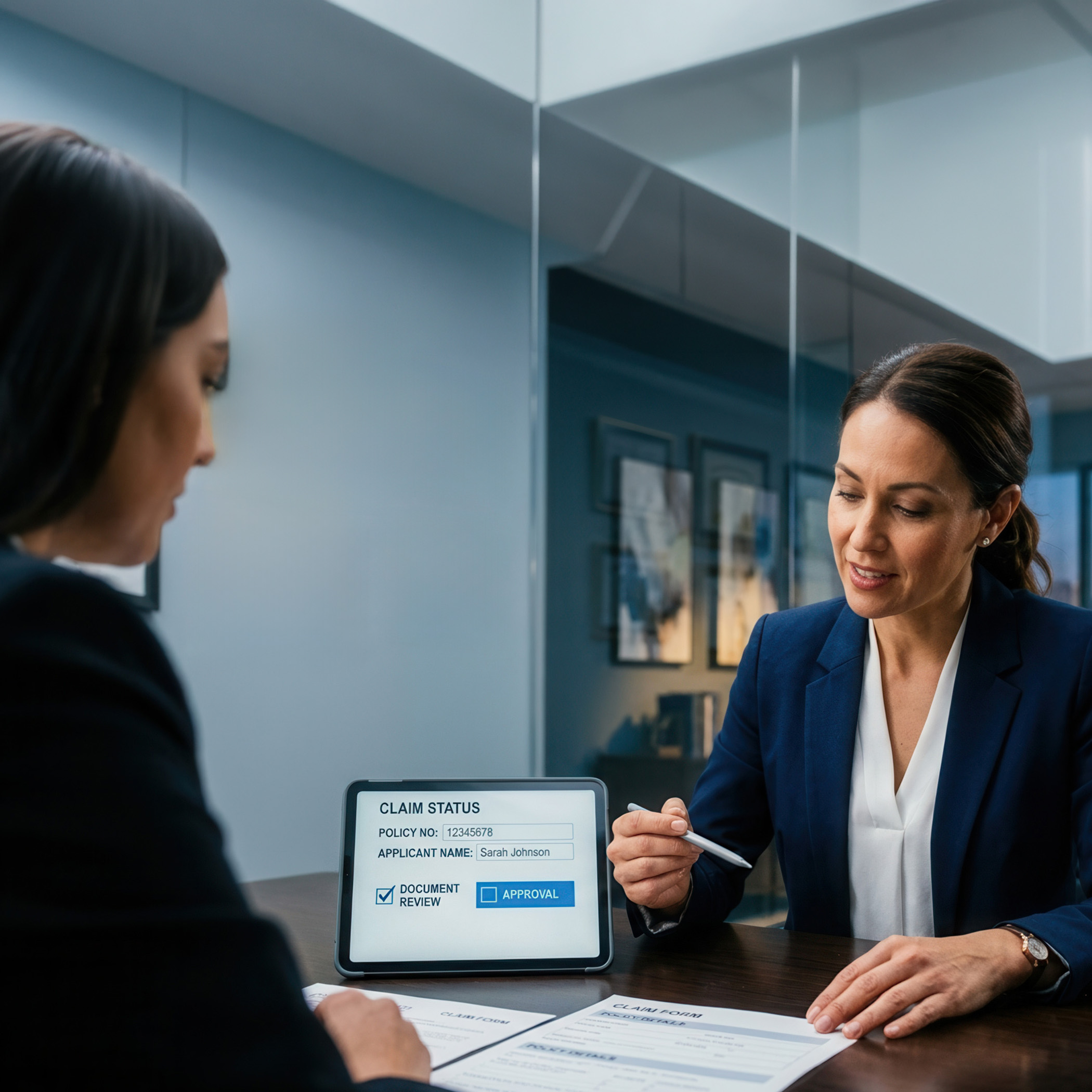 Businesswoman Explaining Claim Documents To A Client In An Office Environment
